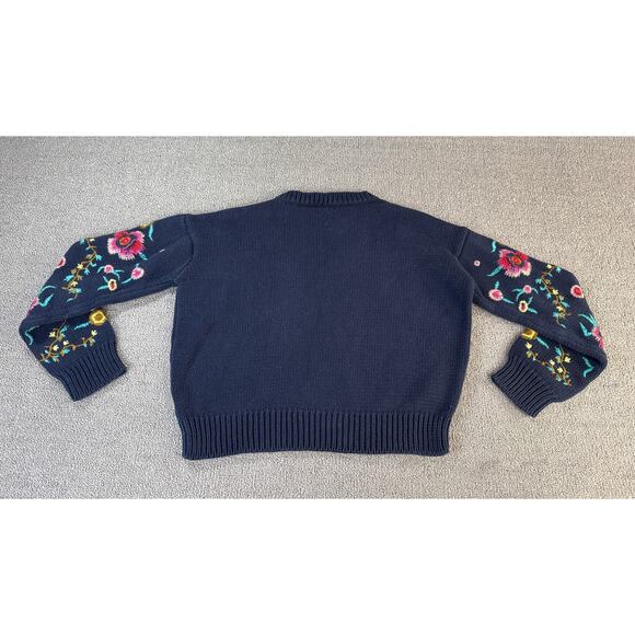 Cloth Sweater Crewneck Floral Embroidered Cropped Knit Navy Size XS - Picture 2 of 8